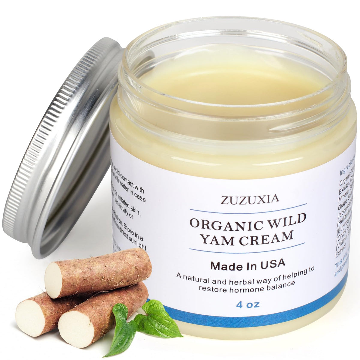 Zuzuxia Wild Yam Cream jar front showing balance-support formula for daily use.
