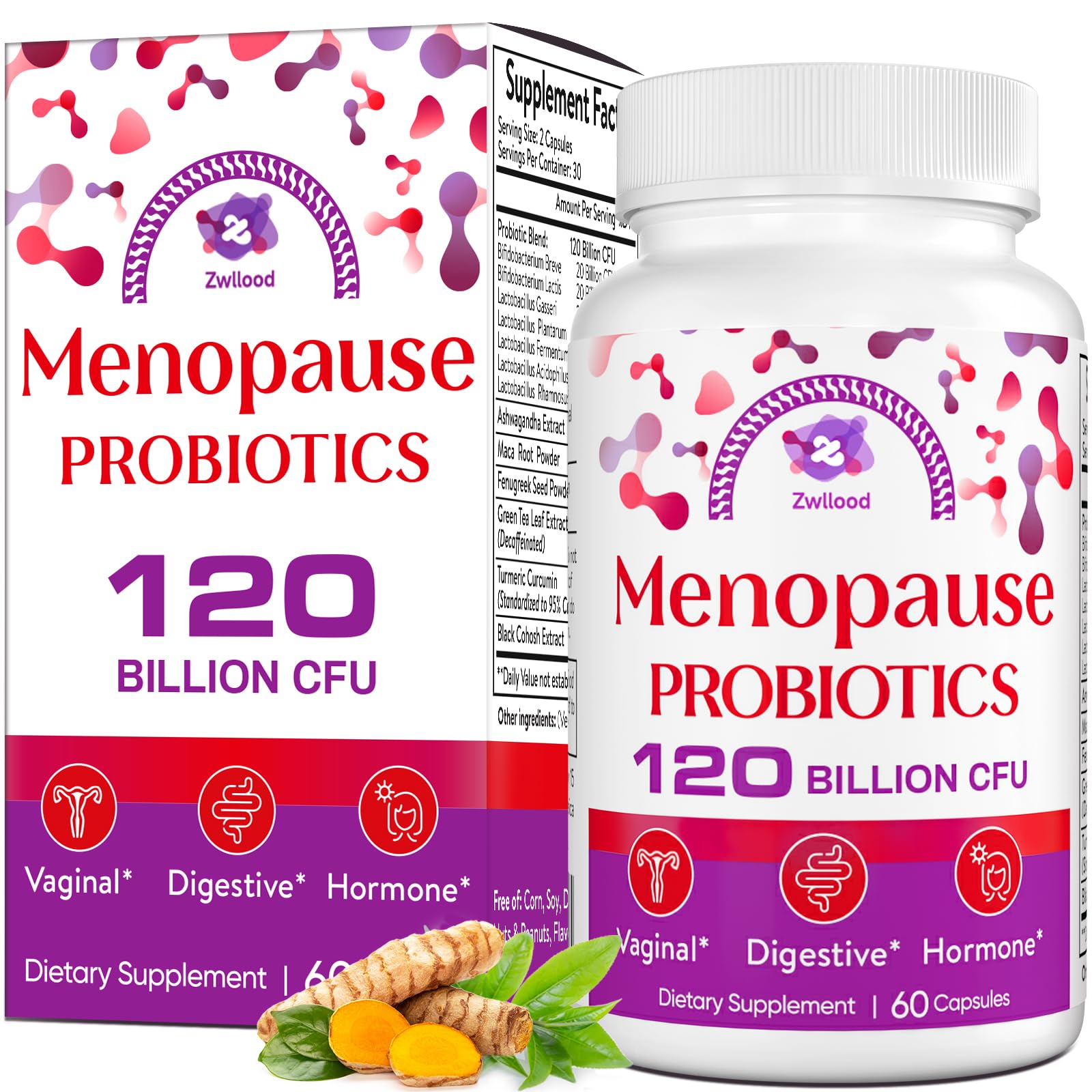 Zwllood Menopause Probiotics bottle displaying 120B CFU formula for daily wellness
