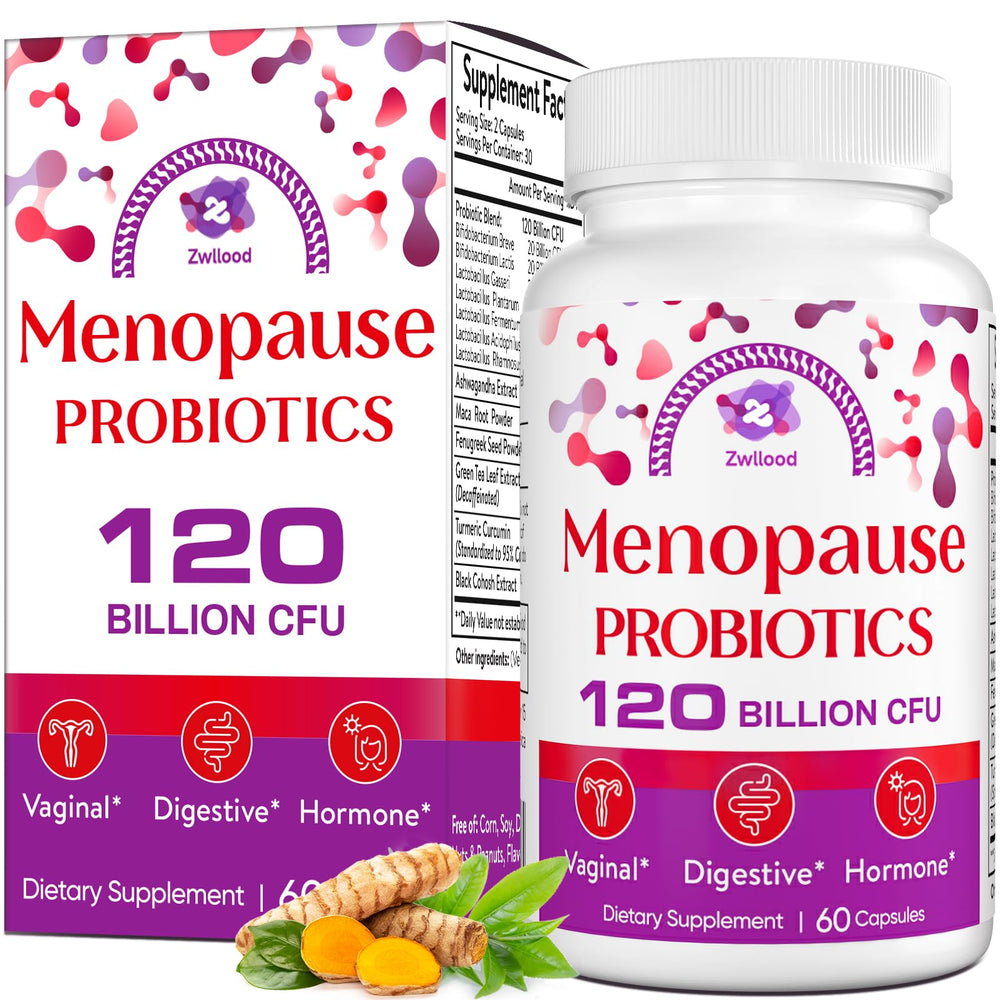 Zwllood Menopause Probiotics bottle displaying 120B CFU formula for daily wellness