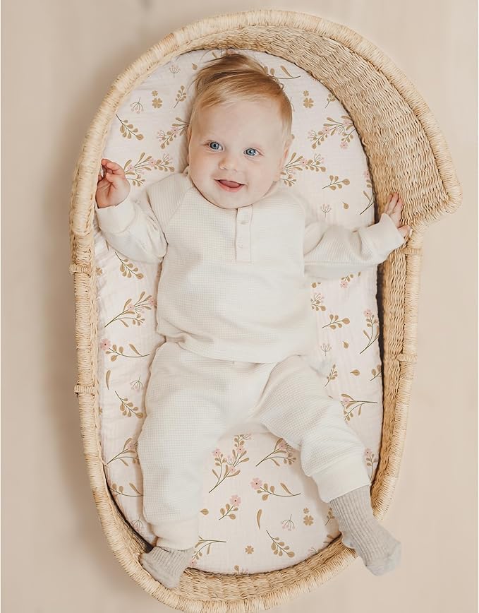ZXYIVOO floral pink muslin bassinet sheet for hourglass cradles, snug fit and easy to clean.