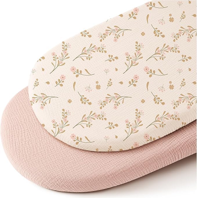ZXYIVOO floral pink muslin bassinet sheet for oval cradles, breathable and gentle on skin.