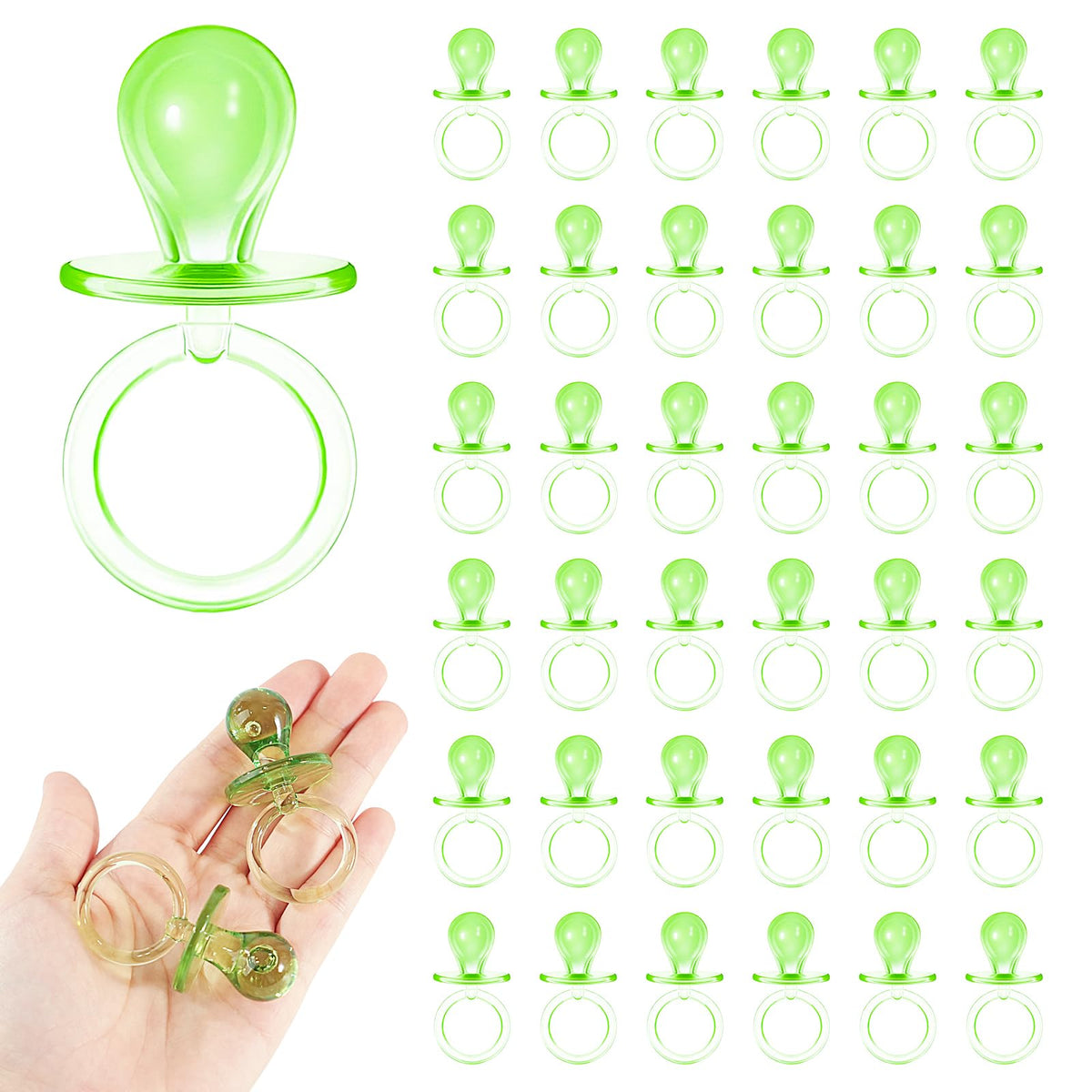ZYFLSQ 36-piece green acrylic pacifiers for baby shower games.
