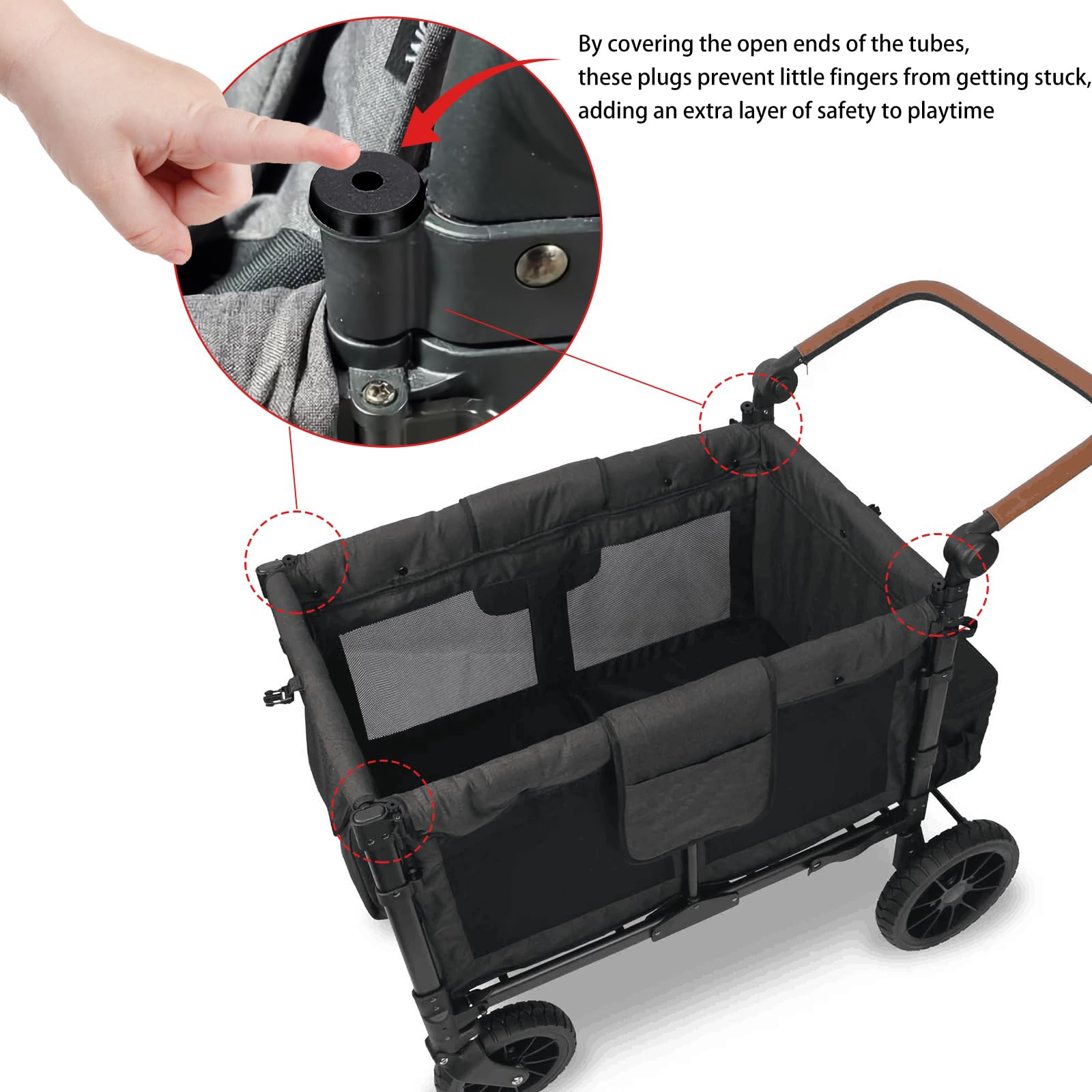 Zynoro plug inserted into a stroller canopy hole to block gap and prevent accidents.