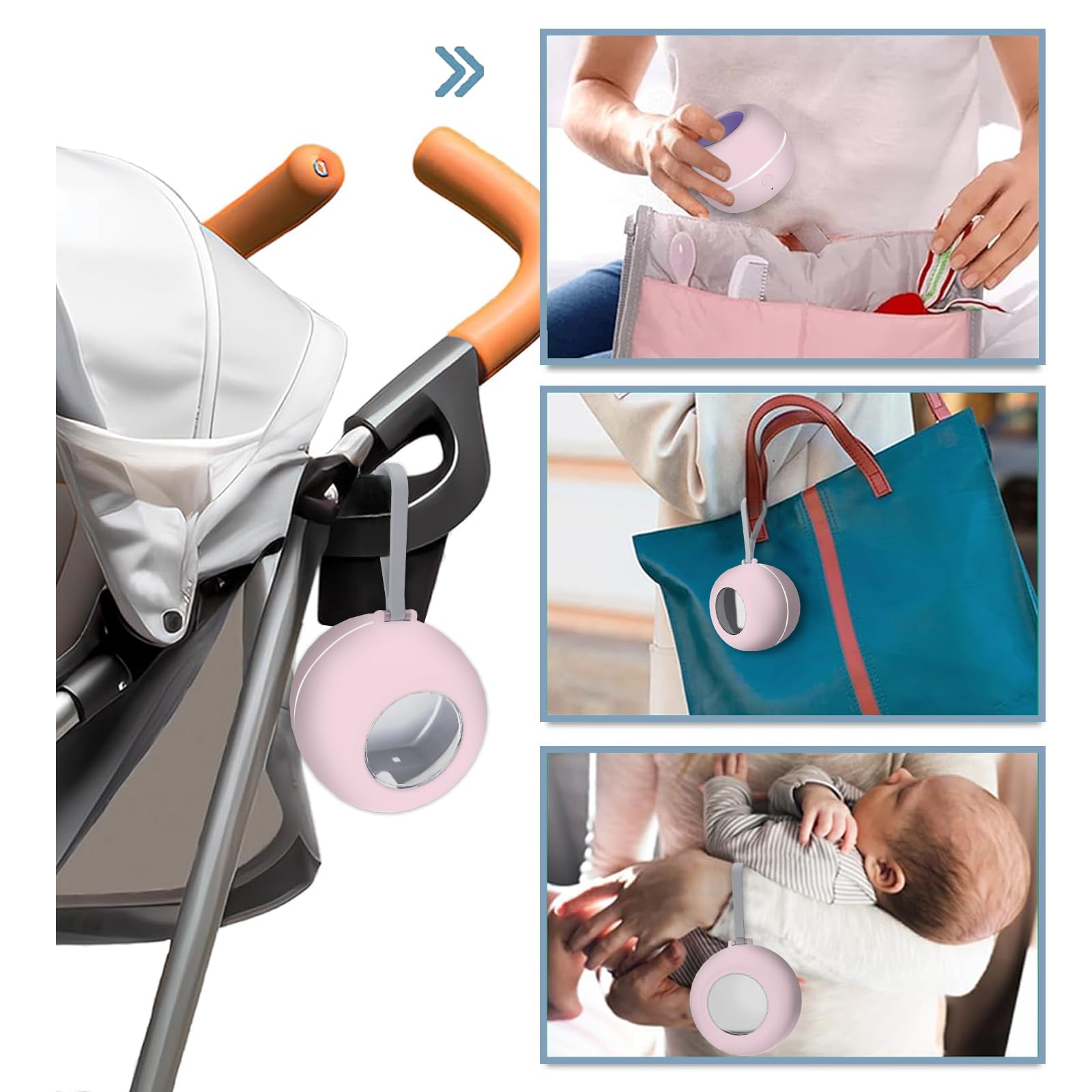 Zyntieu pacifier sanitizer on stroller bag demonstrates travel-ready portability