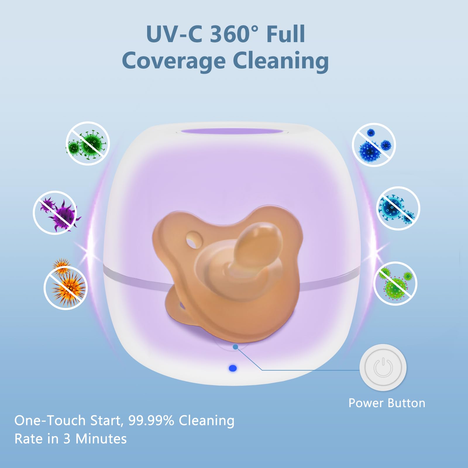 Zyntieu UV-C bulbs inside provide efficient, all-around sanitization for pacifiers.