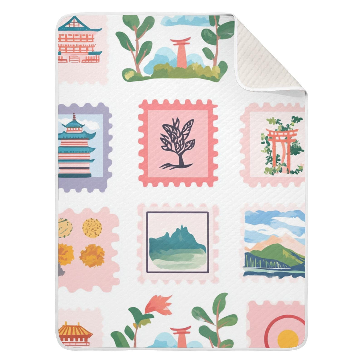 ZZKKO postage stamps baby blanket blue pattern ideal for stroller outings with soft cotton blend.
