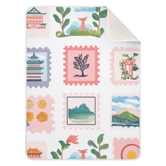 ZZKKO postage stamps baby blanket blue pattern ideal for stroller outings with soft cotton blend.