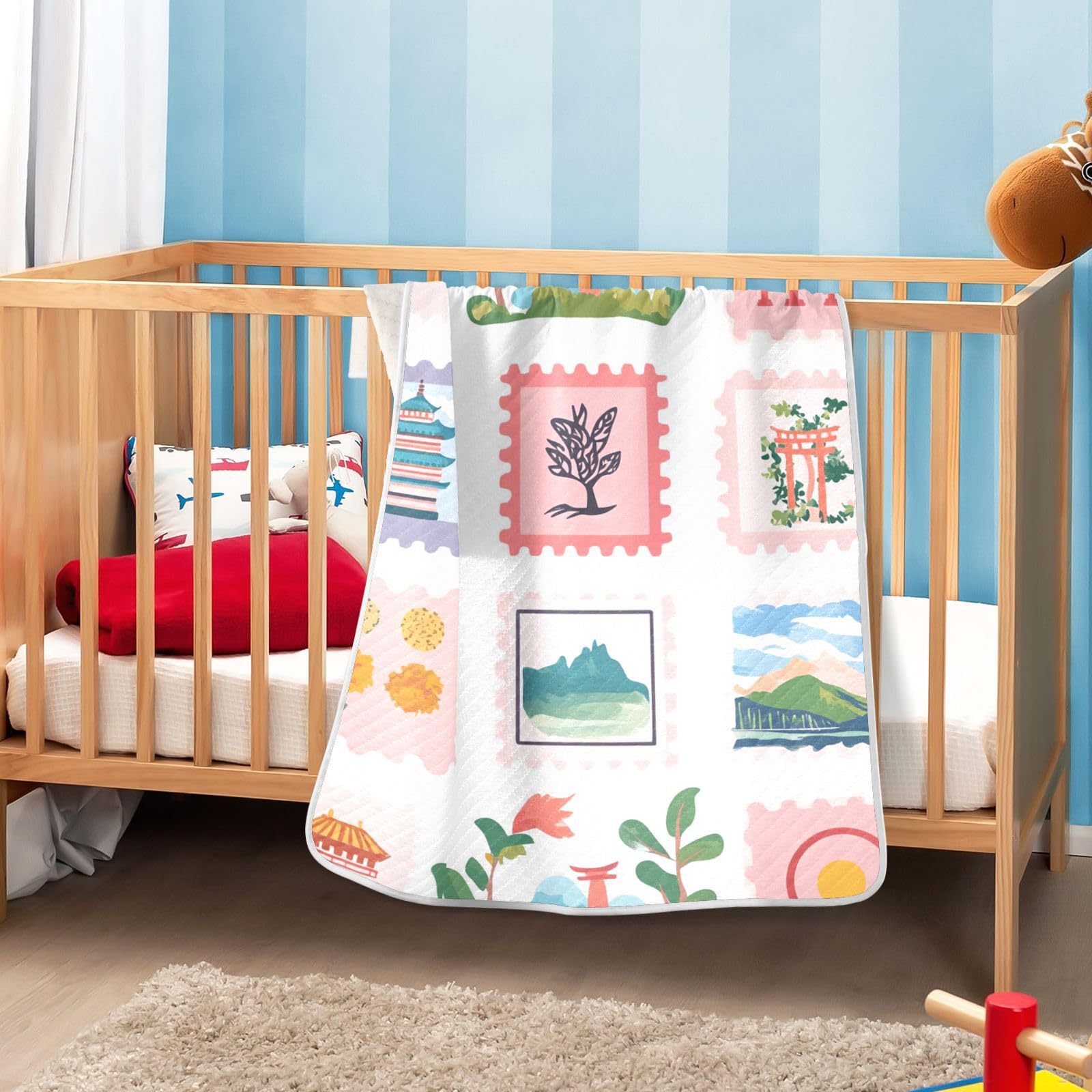 ZZKKO postage stamps baby blanket cosy texture soft touch for bedtime routines.