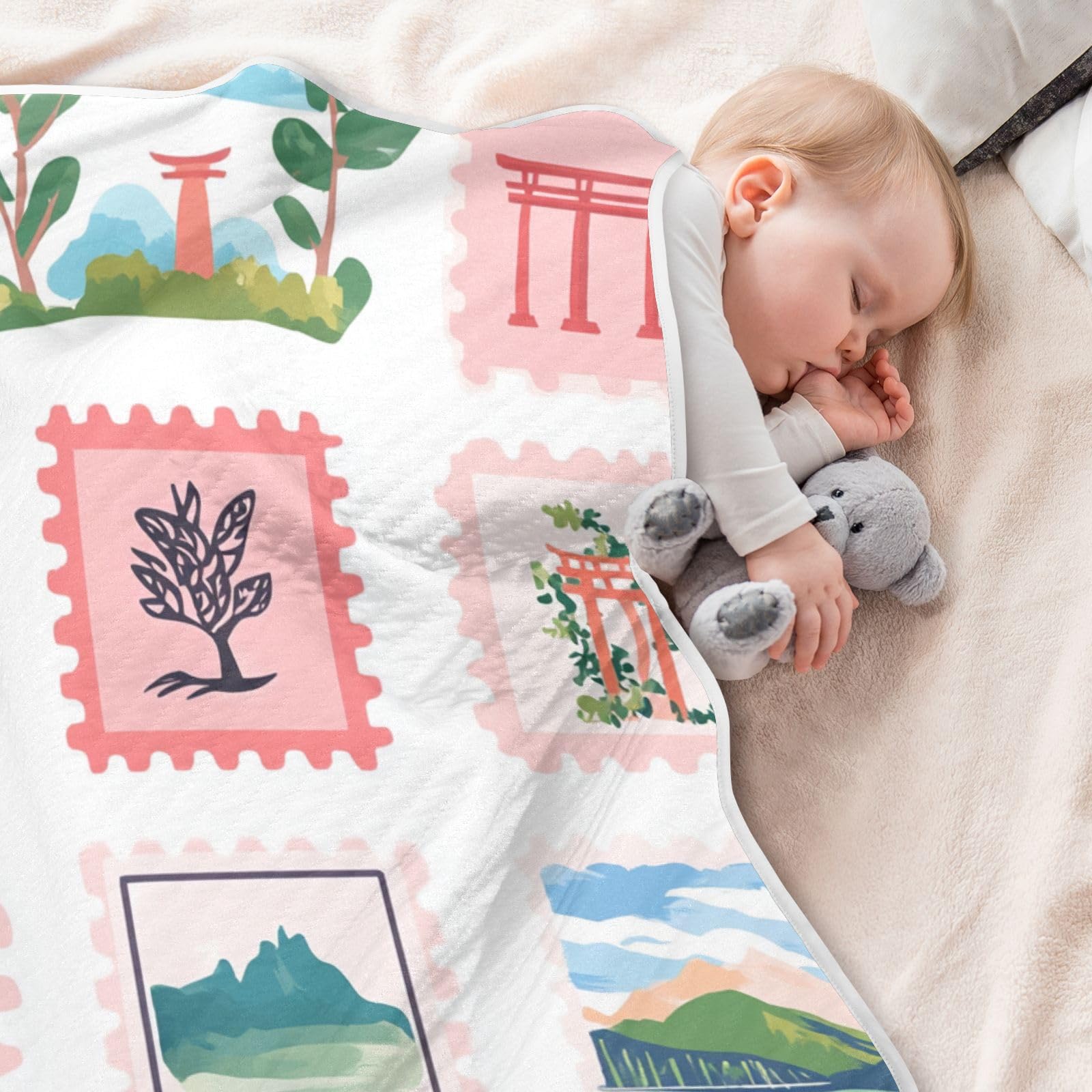 ZZKKO postage stamps baby blanket white ideal for crib time and quiet afternoons.