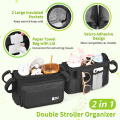 ZZM organizer demonstrating tool-free installation on a stroller handle