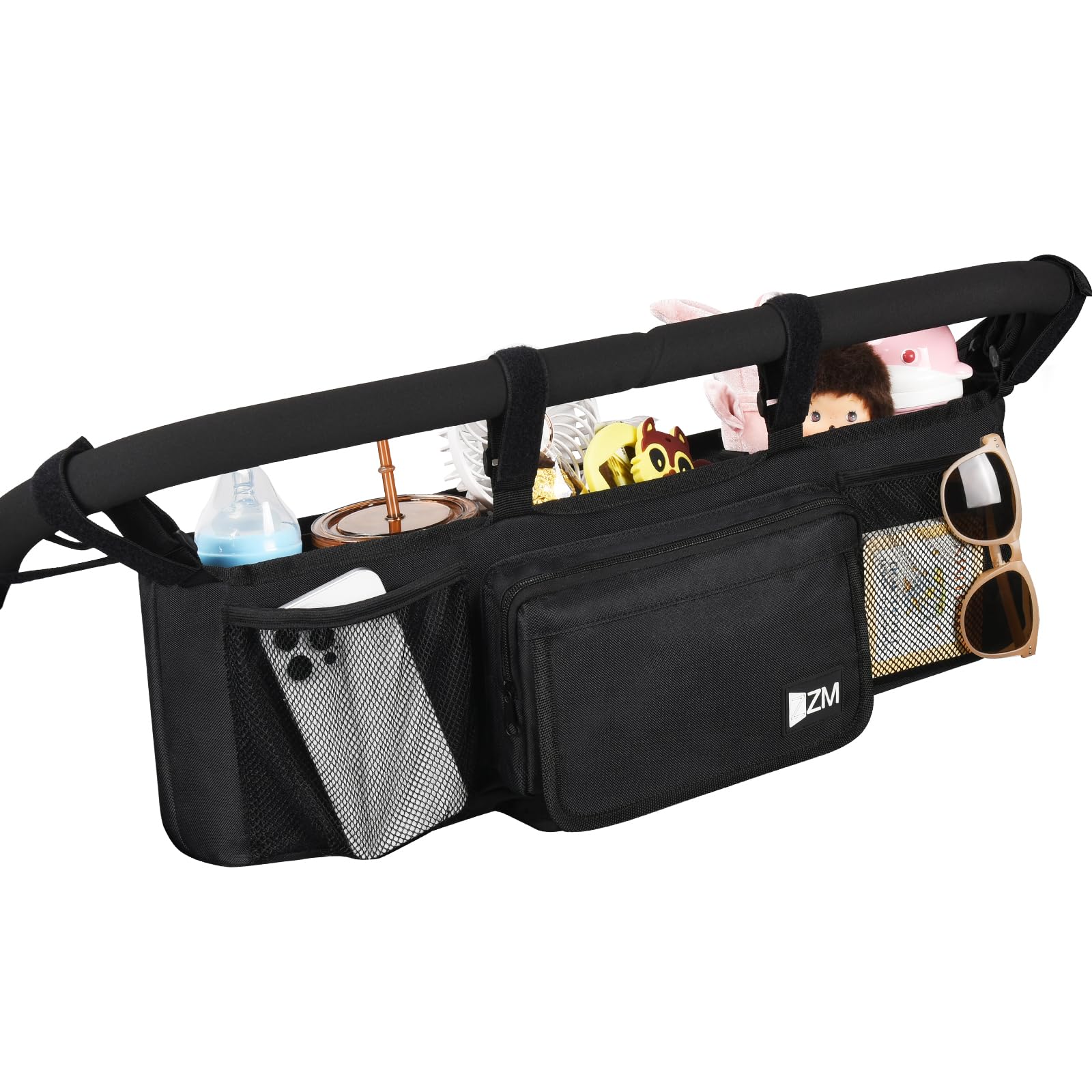 ZZM double stroller organizer with six compartments keeps everyday essentials tidy for outings.