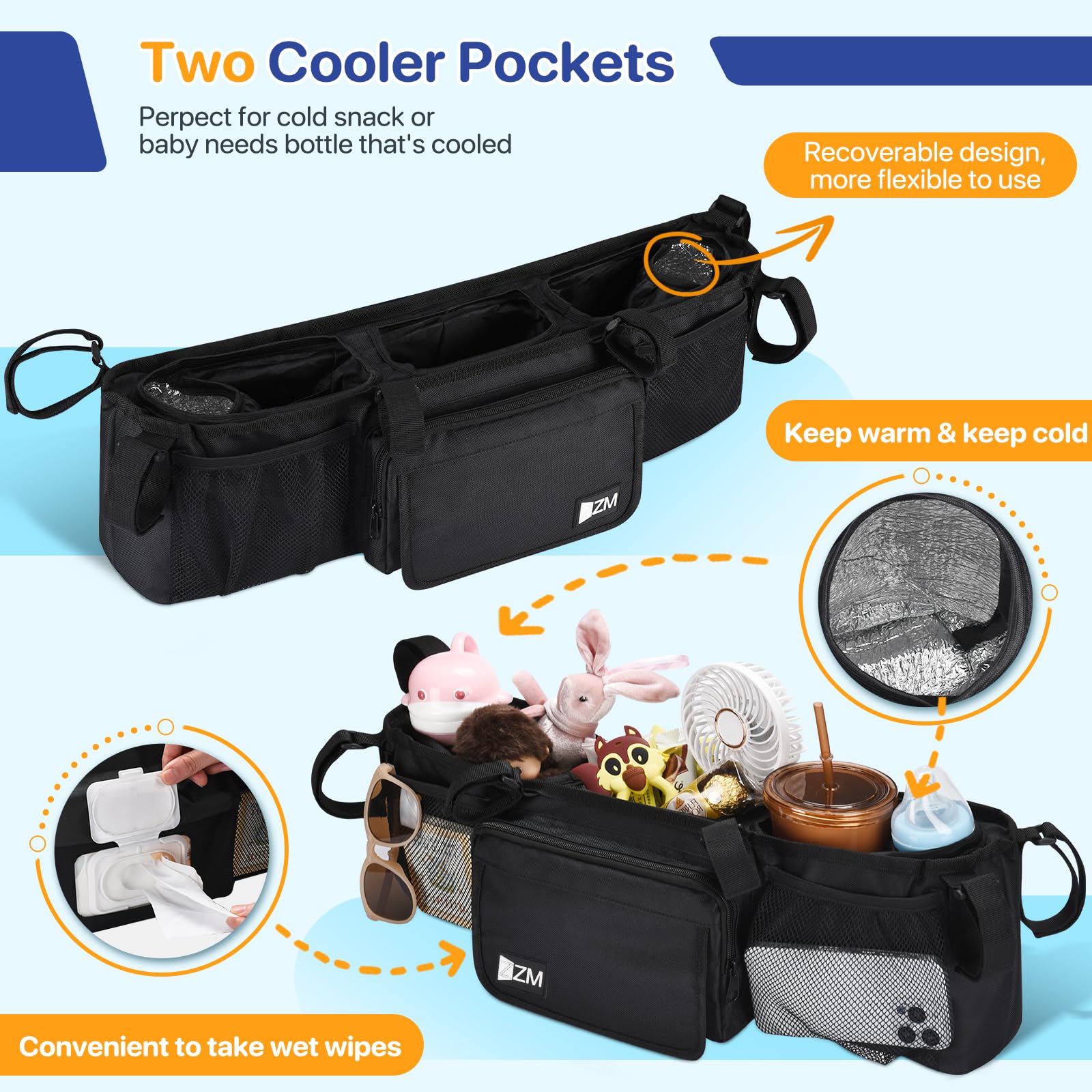 ZZM organizer stays stable with a non-slip design on bumpy stroller rides.