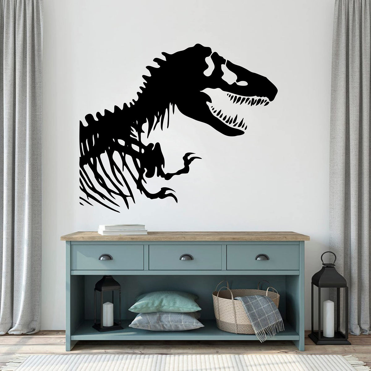 ZzMY Dinosaur wall decal T-Rex in black adds a playful focal point to a child's room.