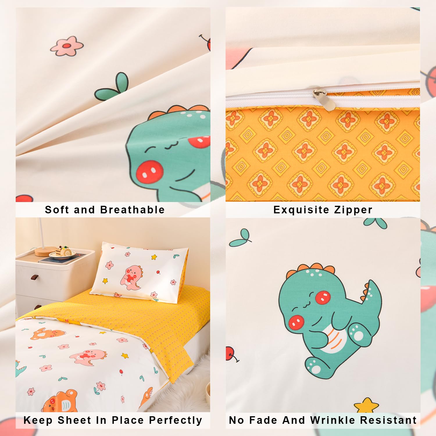 ZZRSSSLC dinosaur-pattern close-up, vibrant colors brighten nursery decor.